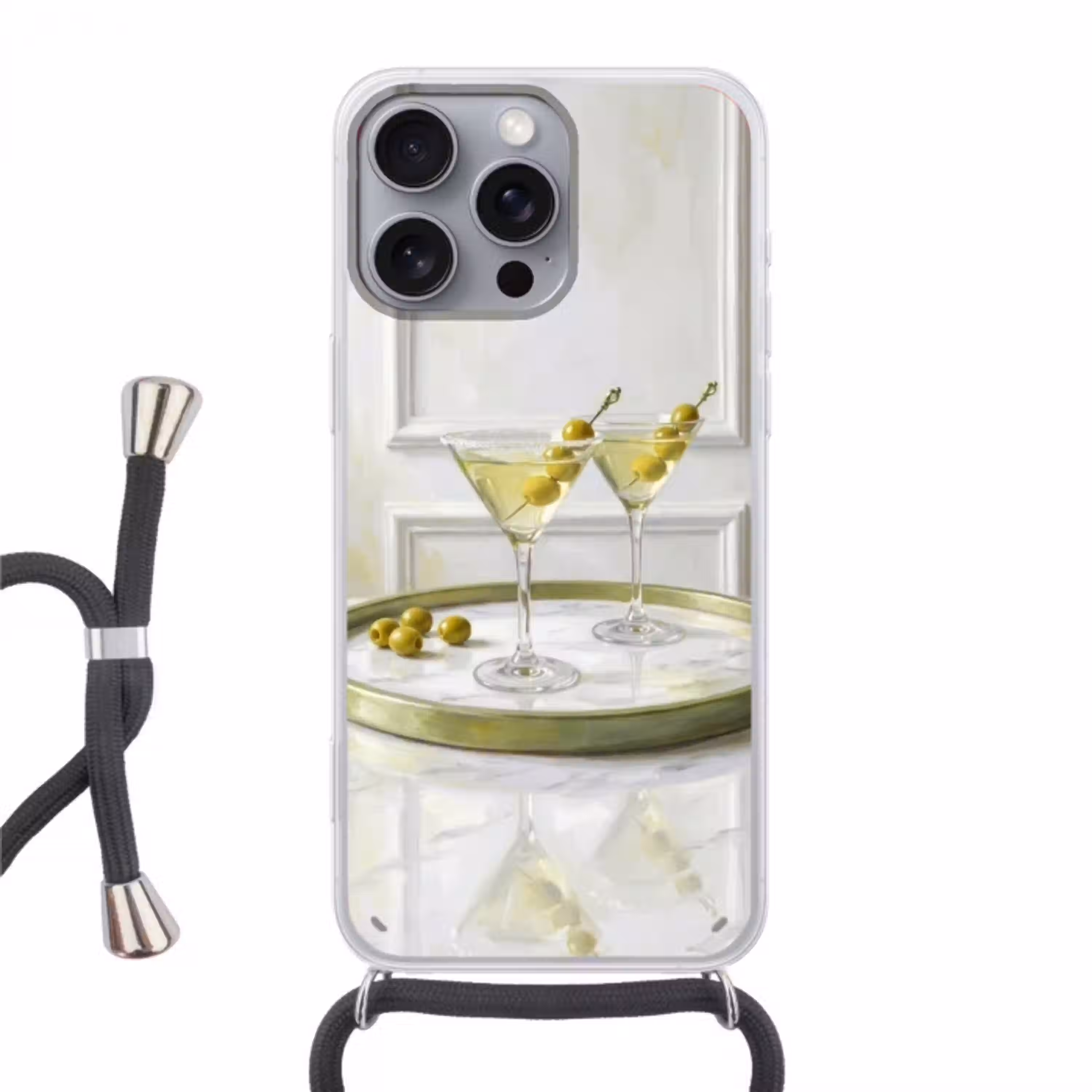 Drank - Martini - Olijven - Modern - Wit Hoesje iPhone 16 Pro Max met koord klein -3d