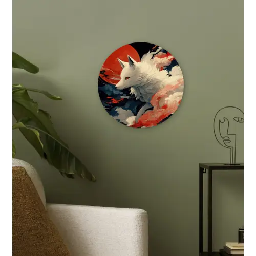 Witte vos - wolken - maan Wandcirkel kunststof plaat 5mm dik klein -sfeer3