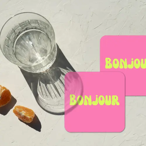 Roze - Groene bonjour - Organisch onderzetter kurk middel -sfeer4