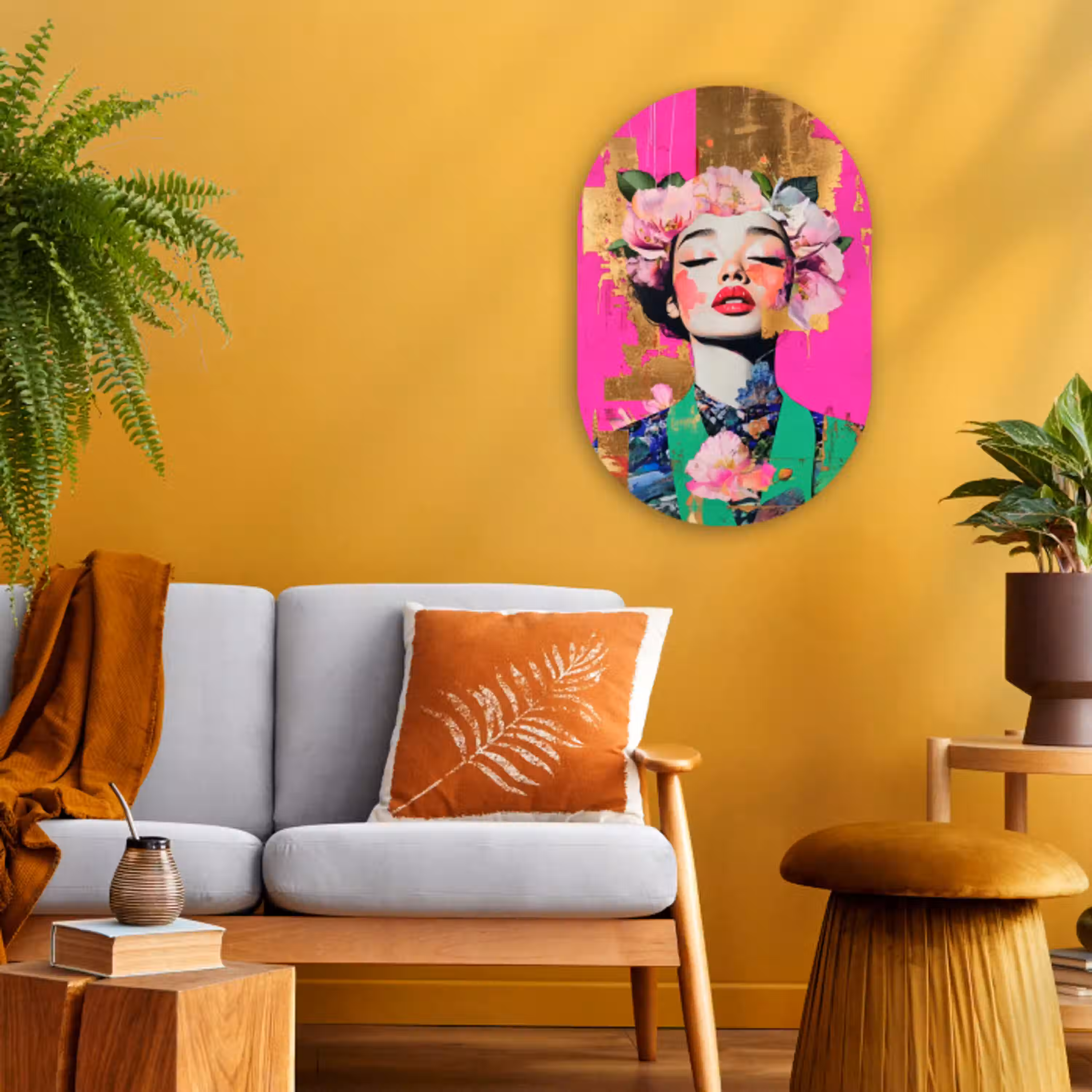 Bloemenkroon - Goud - Vrouw - Portret Wandcirkel Ovaal Forex klein -sfeer4