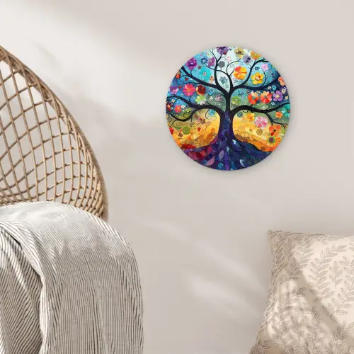Kunst - Levensboom - Bloemen - Hippie Wandcirkel kunststof plaat 5mm dik klein -sfeer5