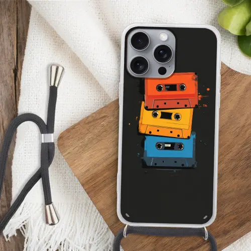 Cassettes - Kleurrijk - Verfspatten Hoesje iPhone 16 Pro Max met koord klein -sfeer4