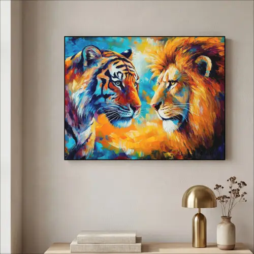 Dieren - Kunst - Leeuw - Tijger Textielframe zwart klein -sfeer2