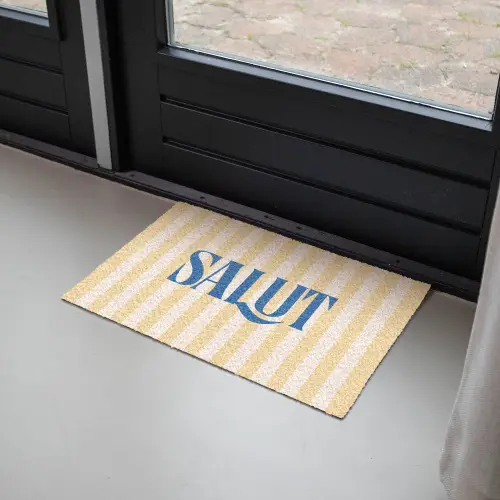 Salut - Quote - Strepen - Geel - Blauw - Wit Deurmat klein -sfeer2