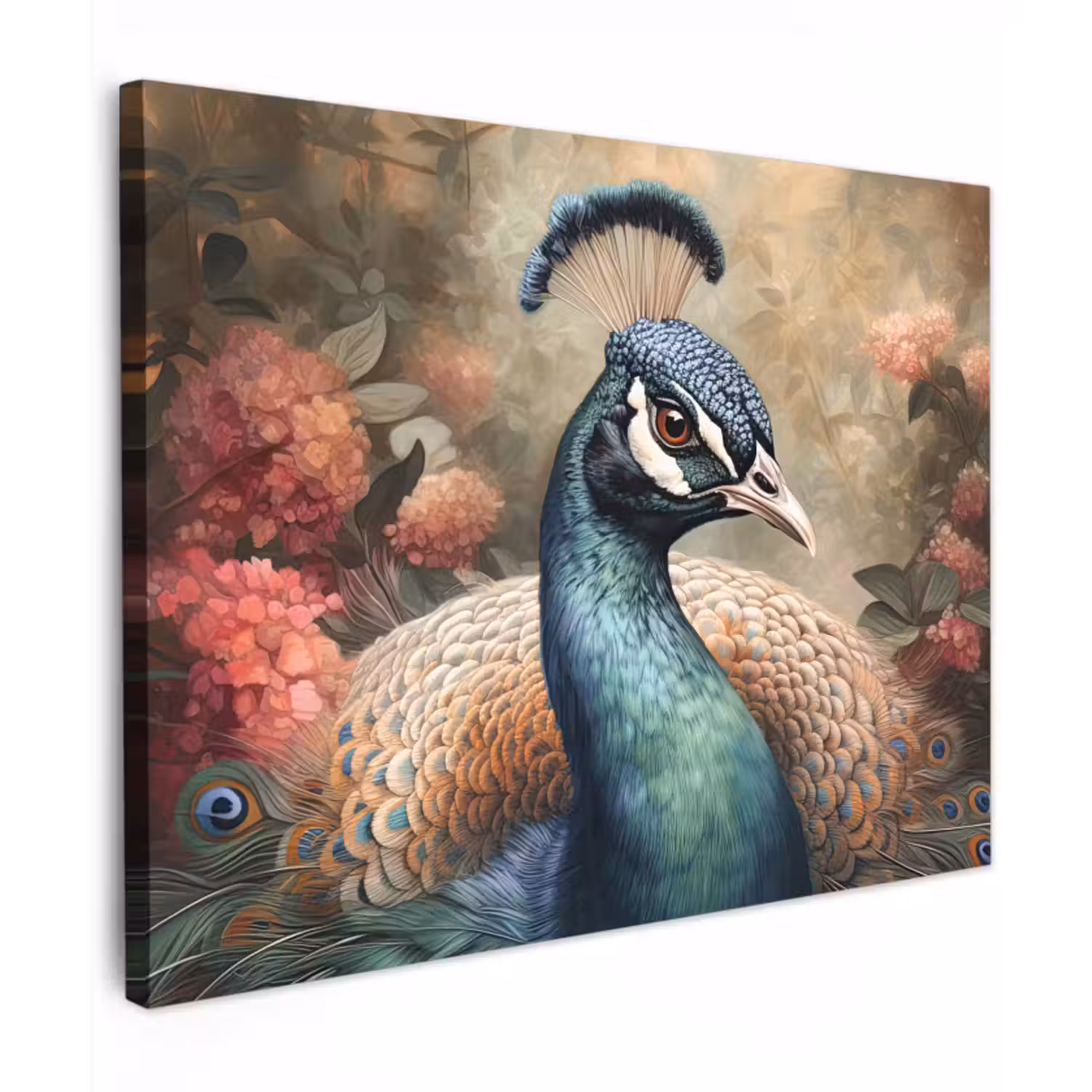 Canvas schilderij - Pauw - Vogel - Bloemen - Planten - Pauwenveren