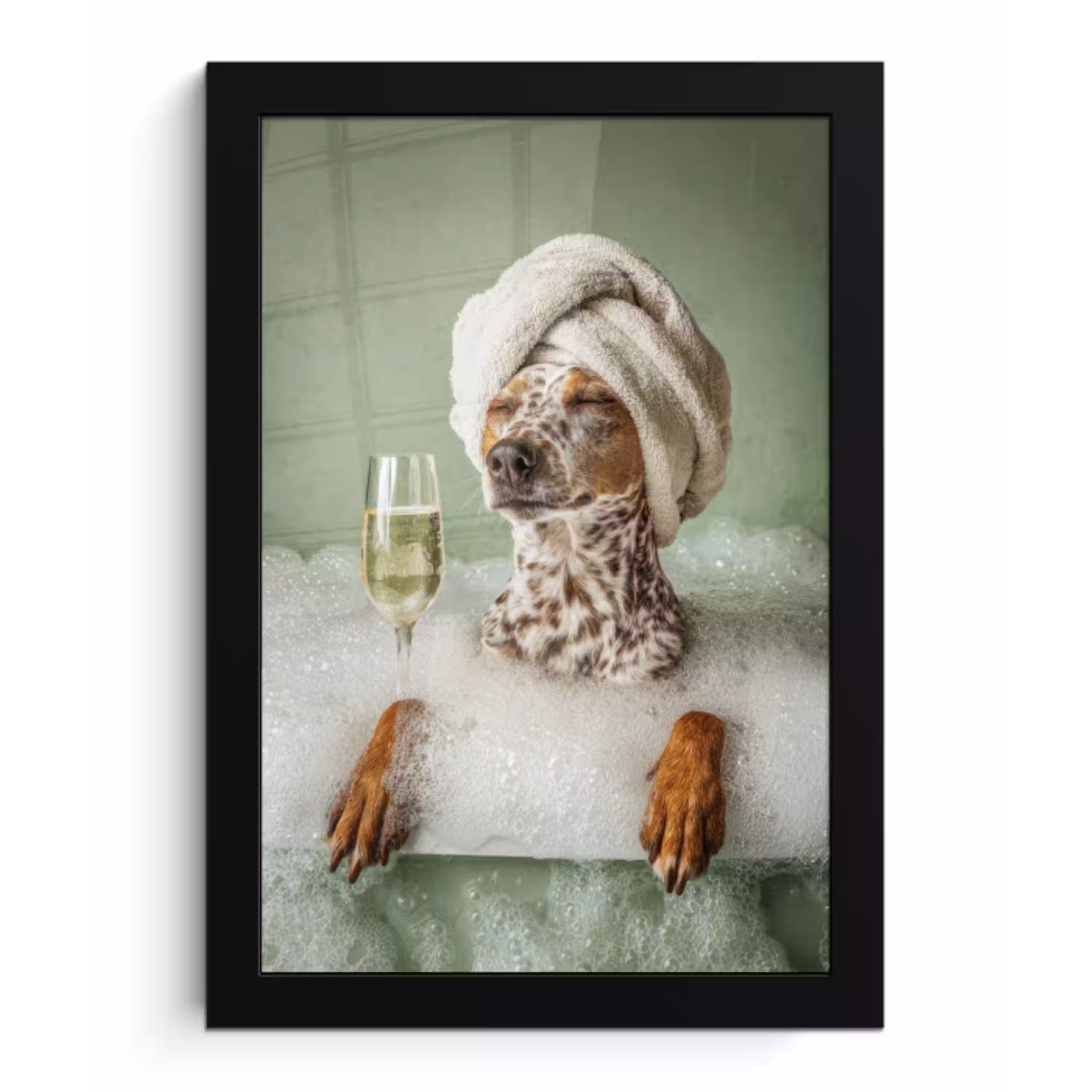 Hond - Bad - Champagne - Handdoek fotolijst zwart zonder passe partout klein -3d