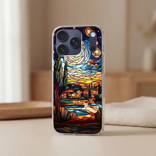 Hemel - Sterren - Mozaïek - Huizen Telefoonhoesje iPhone 17 Pro klein -sfeer2