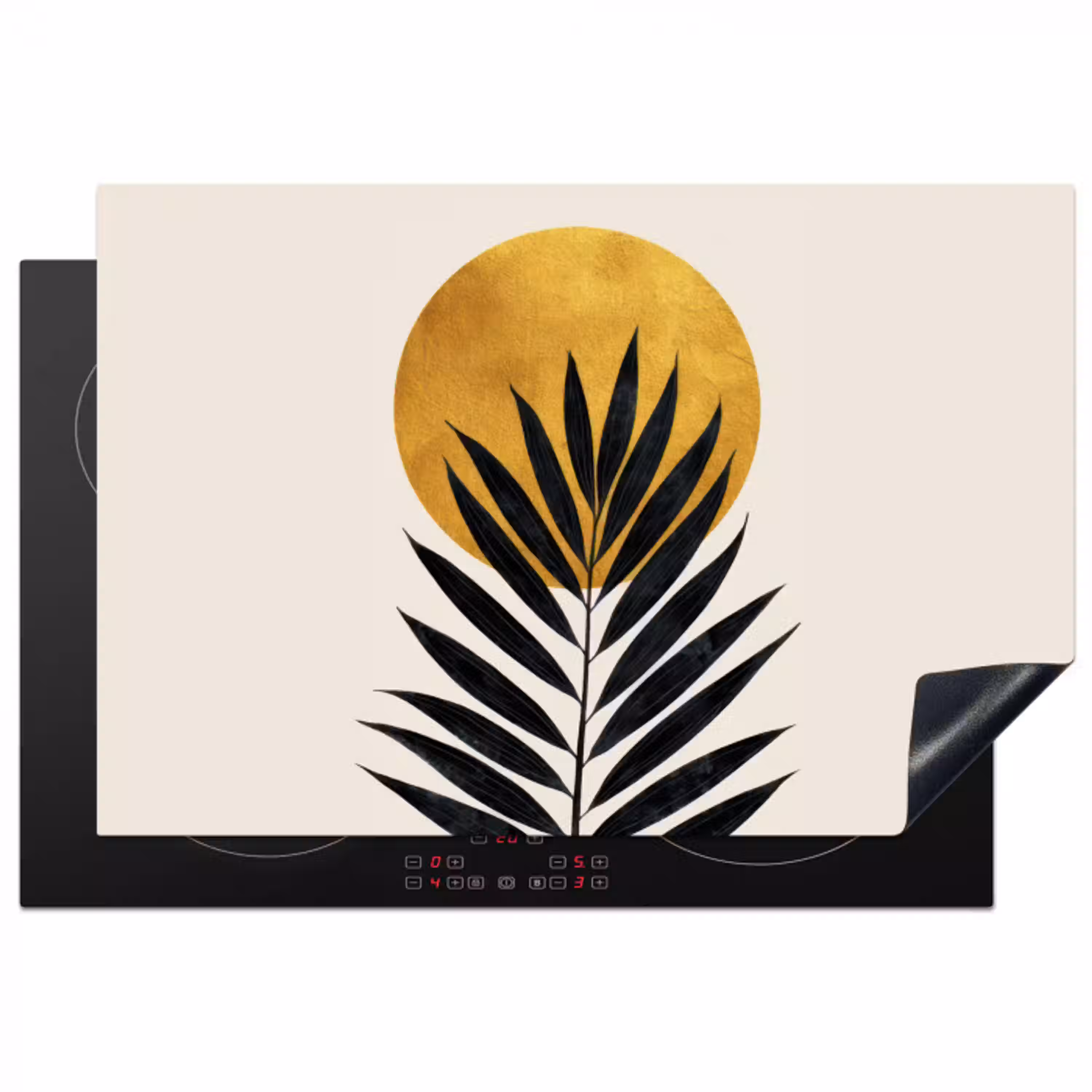 Zwart palmblad - Gouden cirkel - Beige achtergrond Inductie beschermer vinyl 3mm klein -3d