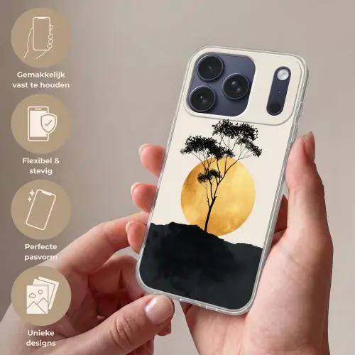 Zwarte boom - Gouden cirkel - Heuvel Telefoonhoesje iPhone 17 Pro klein -sfeer3_NL