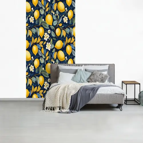 Citroenen - Bloemen - Bladeren - Blauw fotobehang vinyl groot 64 -slaapkamer