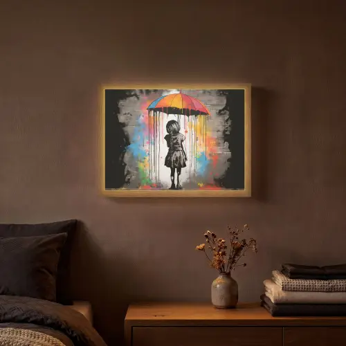 Meisje - Kunst - Paraplu - Graffiti - Kleuren - Muur Light Box met batterij (Wandlamp) middel -sfeer4