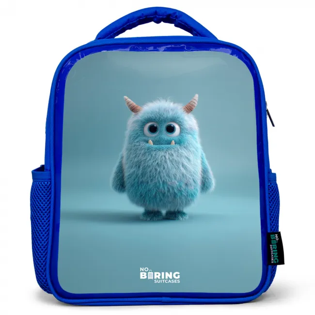 Rugzak kind - Blauw - Blauw pluizig monster met hoorns