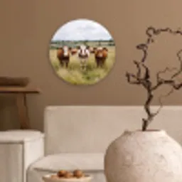 Koeien - Portret - Weide - Boerderij - Nieuwsgierig Wandcirkel kunststof plaat 5mm dik klein -sfeer1