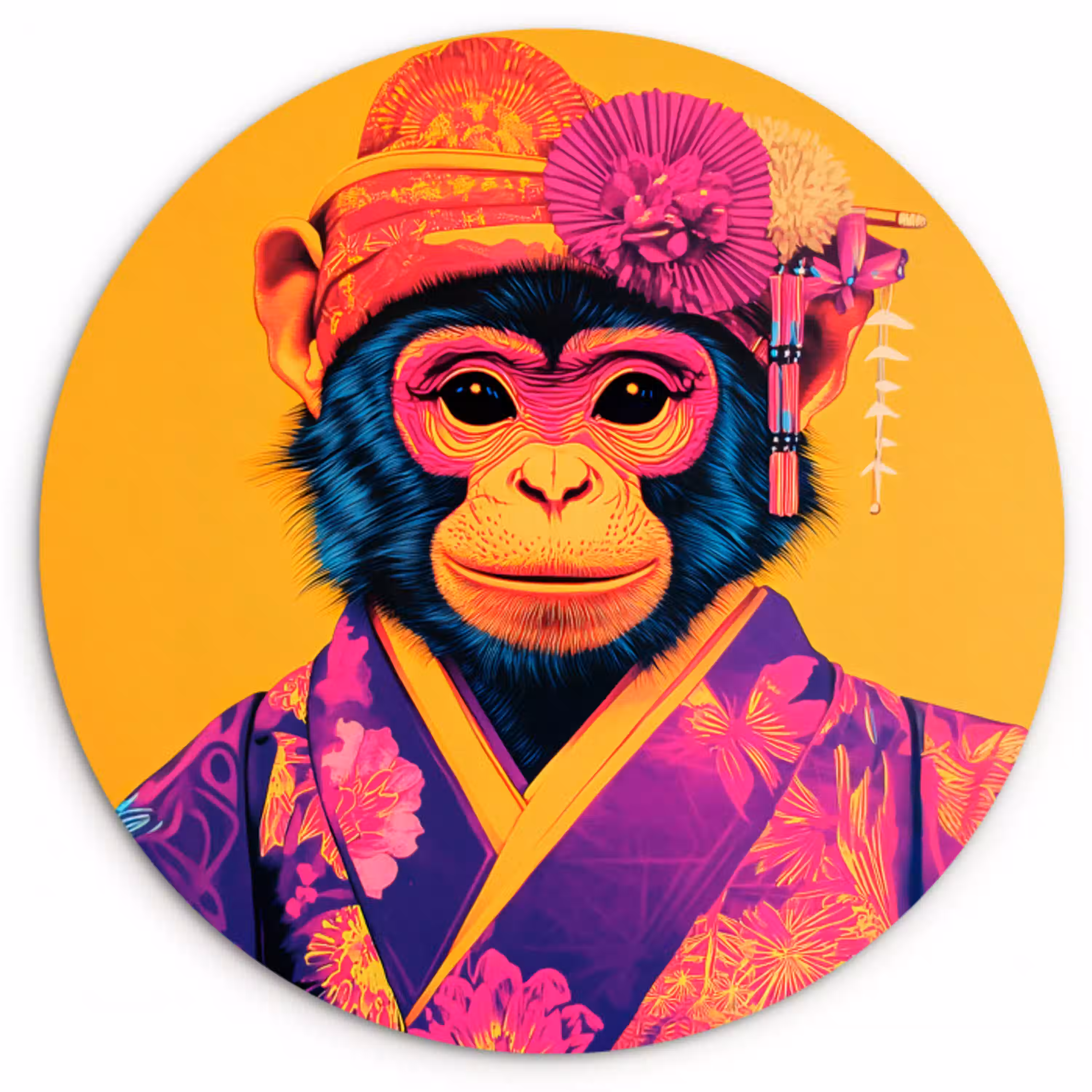 Aap - Kimono - Bloemen - Hoofdtooi Wandcirkel plexiglas klein -3d