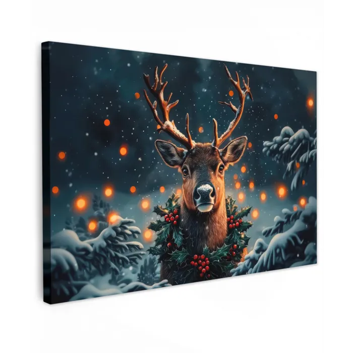 Hert - Kerst - Winter - Sneeuw - Kerstkrans Tuinposter op houten frame 2 cm dik klein -3d