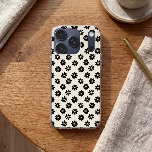 Grafisch - Madeliefjes - Zwart - Beige Telefoonhoesje iPhone 17 Pro klein 878 -sfeer1