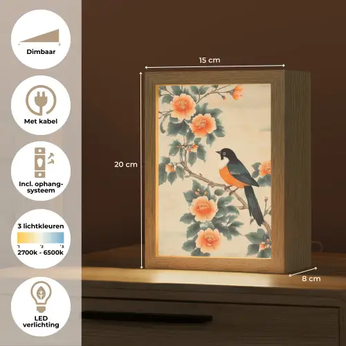 Vogel - Tak - Bloemen - Oranje Light Box met kabel (Tafellamp) klein -USP_NL