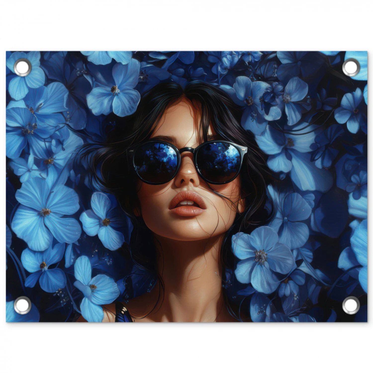 Vrouw - Blauw - Bloemen - Vlinders - Natuur tuinposter los doek klein -3d