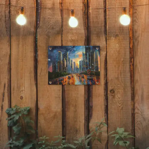 Auto - Skyline - Zon - Blauw tuinposter los doek klein -sfeer1