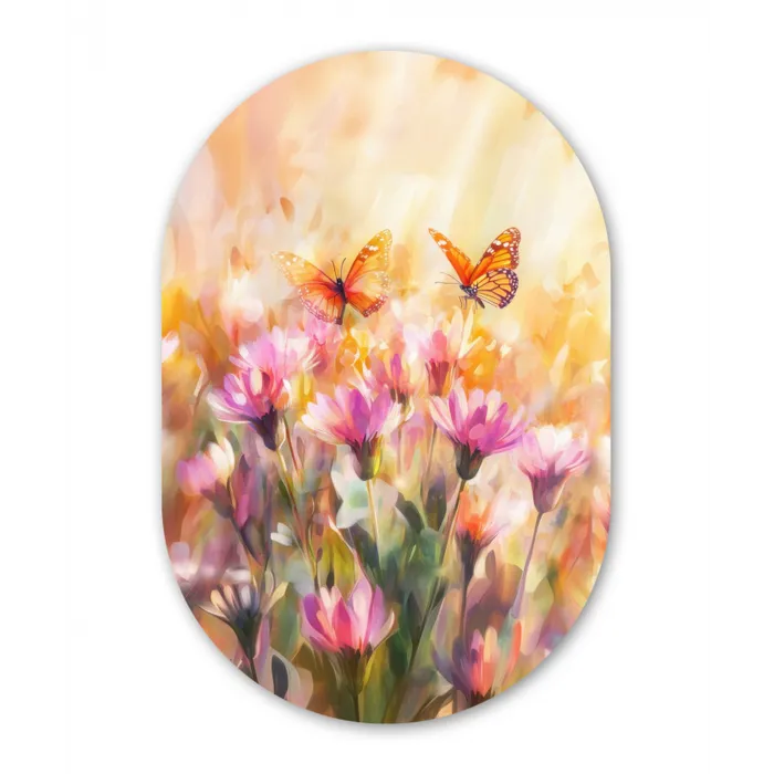 Vlinders - Oranje - Bloemen Wandcirkel Ovaal Glas middel -3d