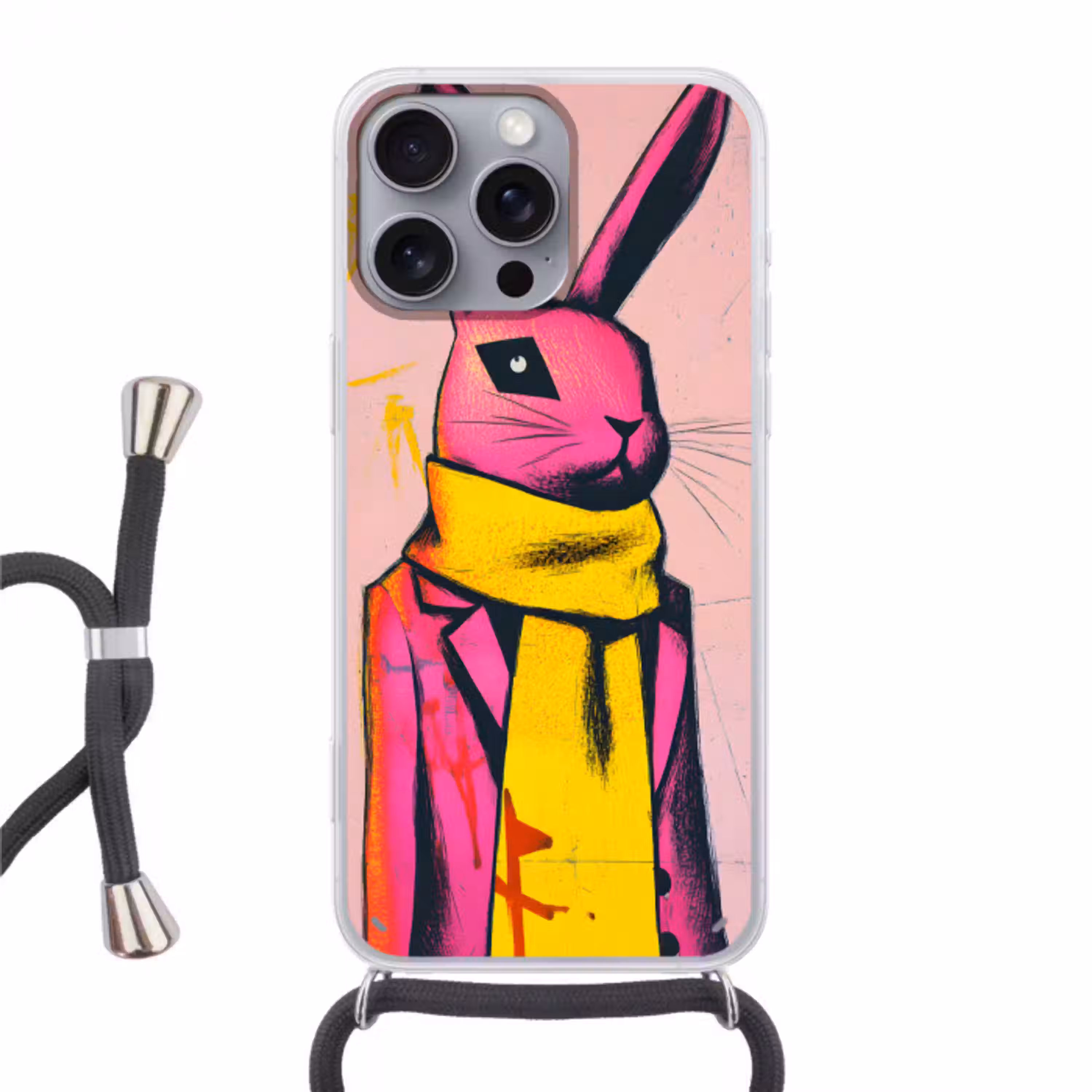 Abstract - Konijn - Sjaal - Geel Hoesje iPhone 16 Pro Max met koord klein -3d