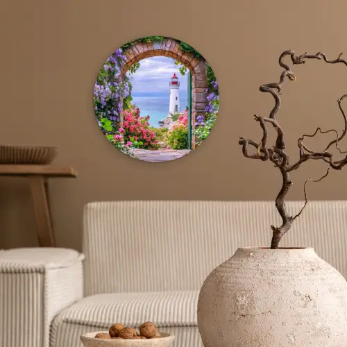 Doorkijk - Vuurtoren - Bloemen - Uitzicht Wandcirkel kunststof plaat 5mm dik klein -sfeer1
