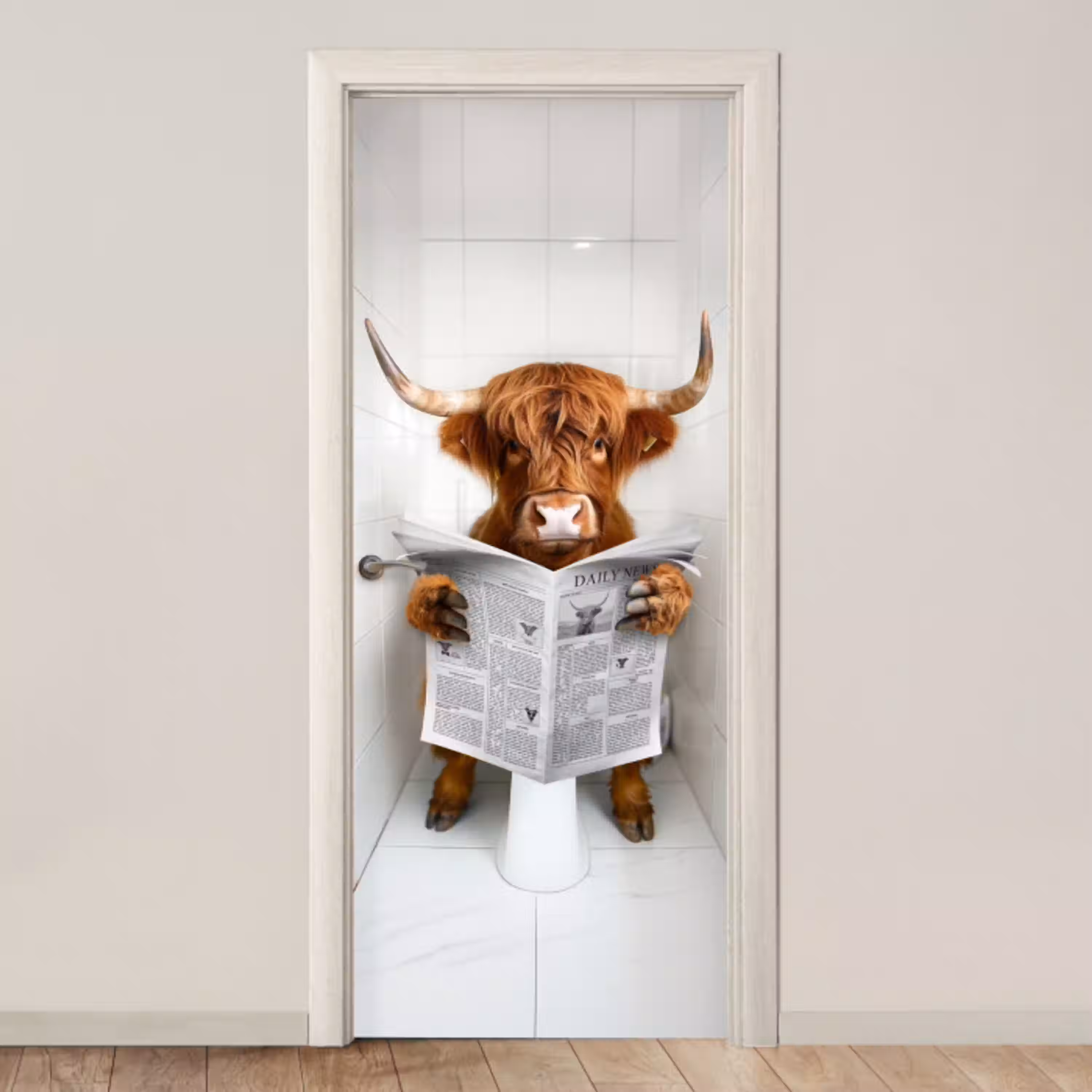 Schotse Hooglander - Krant - WC - Dier deurposter klein -3d_beige