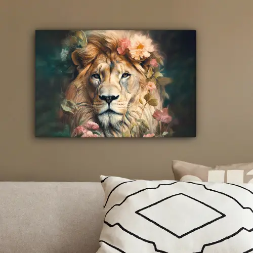 Leeuw - Leeuwenkop - Wilde dieren - Bloemen canvas 2cm klein -sfeer3