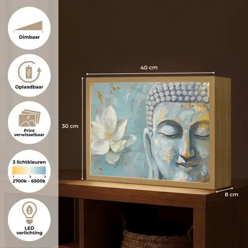Boeddha - Bloem - Lotus - Goud - Blauw Light Box met batterij (Wandlamp) middel -USP_websiteoverzichtNL