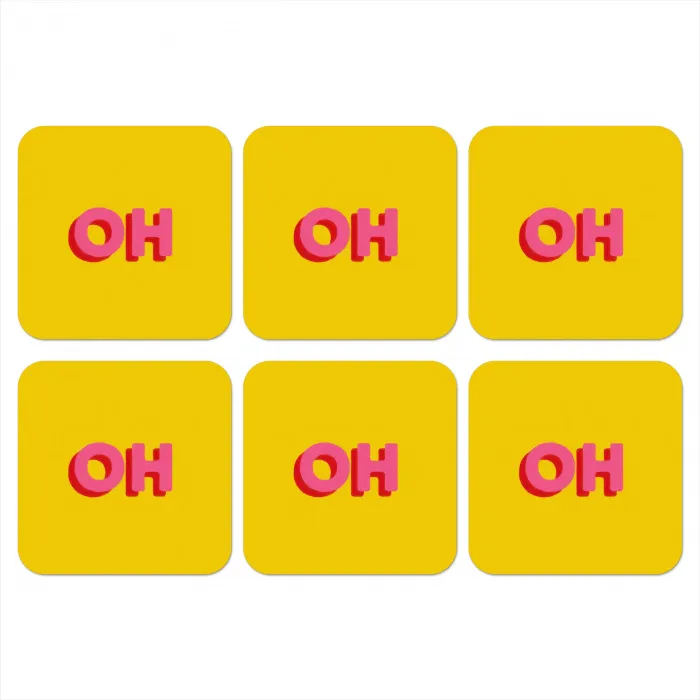 Geel - Roze - Oh - 3D onderzetter kurk middel -3d