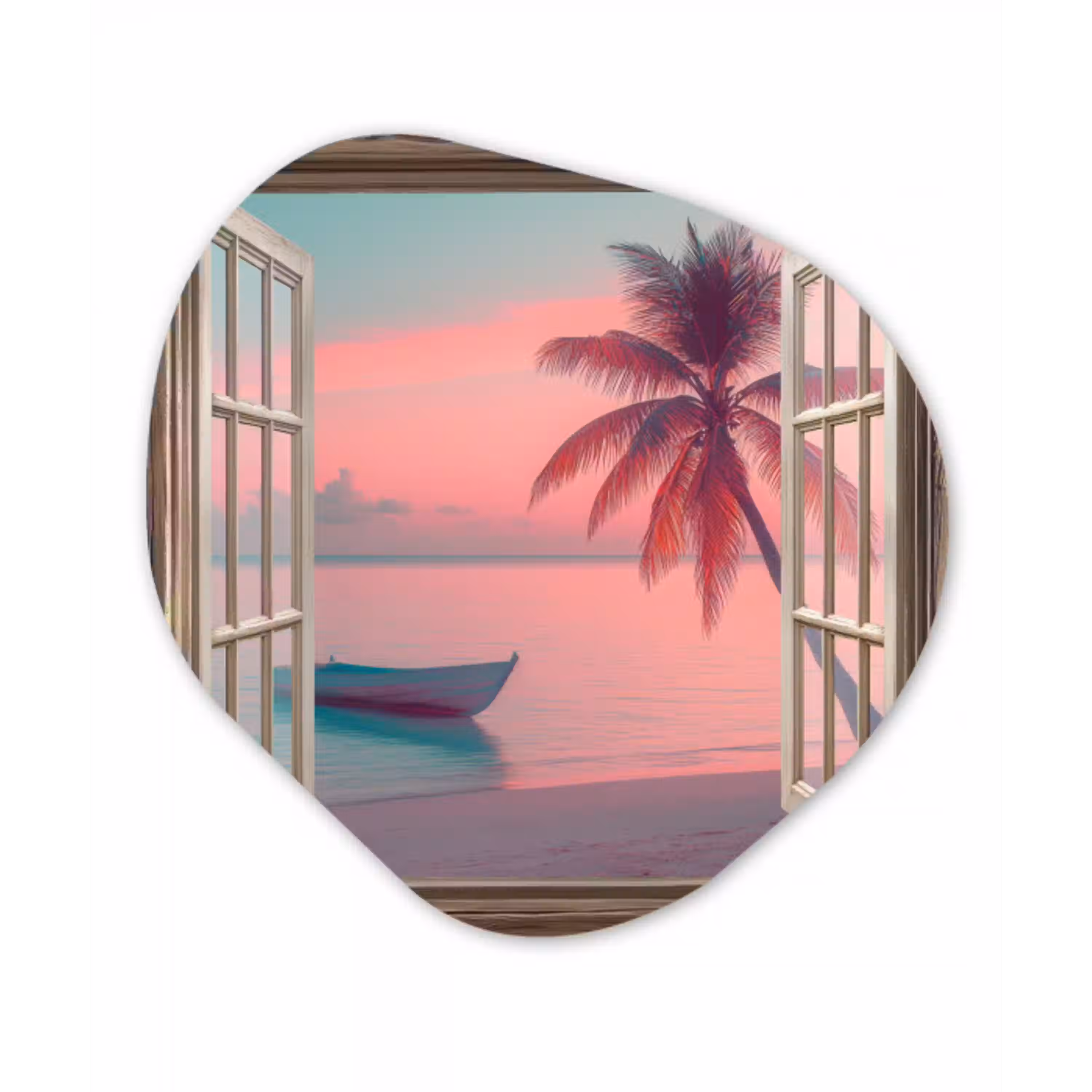 Doorkijk - Strand - Palmboom - Tropisch Wandcirkel Organisch Aluminium middel -3d