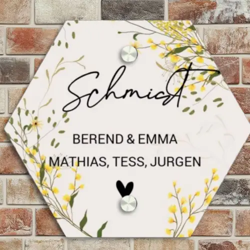 Gele bloemen - Sierlijk Naambord Hexagon klein -sfeer2