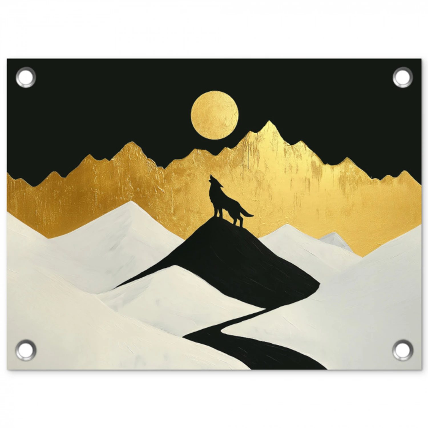 Wolf - Bergen - Maan - Zwart tuinposter los doek klein -3d