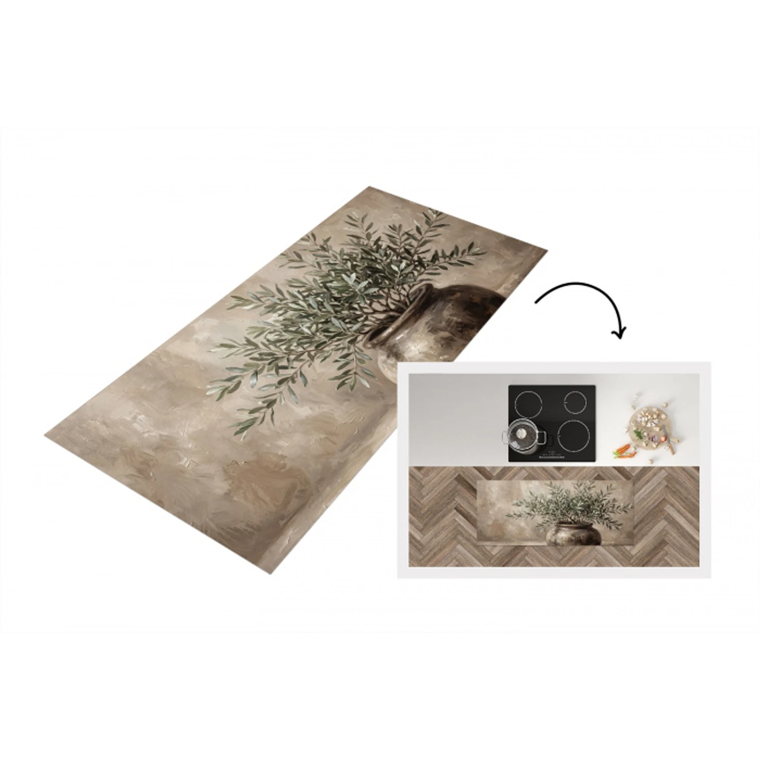 Olijfplant - Aardenpot - Abstract - Beige Keukenloper - keukenmat middel -3d