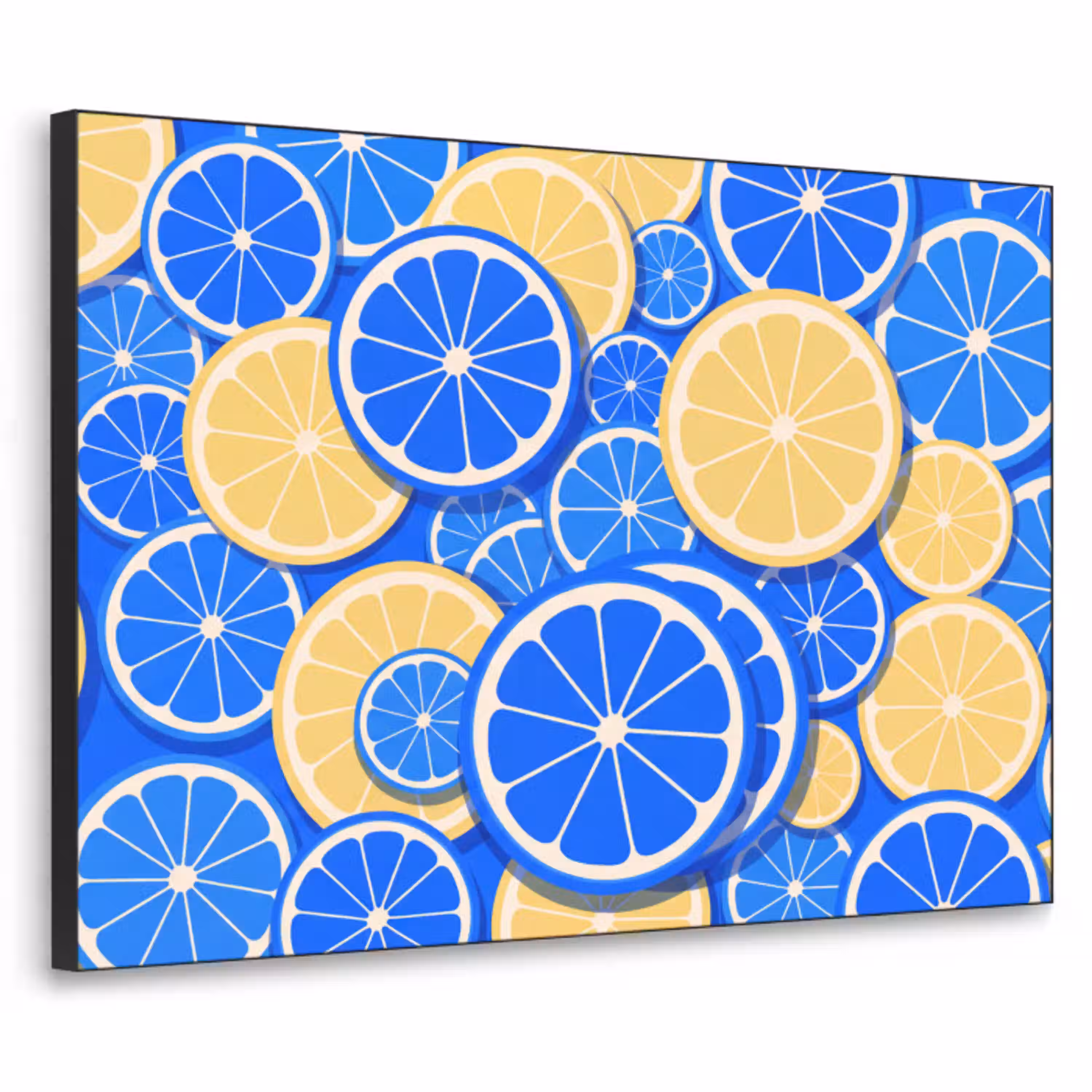 Fruit - Schijven - Patroon - Modern - Blauw - Geel Textielframe zwart klein -3d