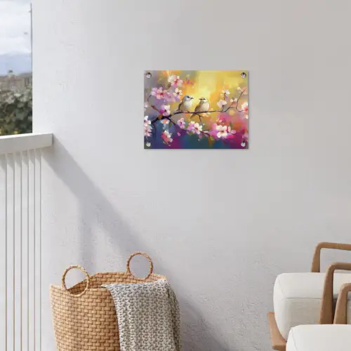 Vogels - Bloemen - Roze tuinposter los doek klein -sfeer8