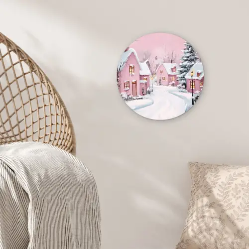 Kerstdorp - Roze - Winter - Sneeuw - Huizen Wandcirkel kunststof plaat 5mm dik klein -sfeer5