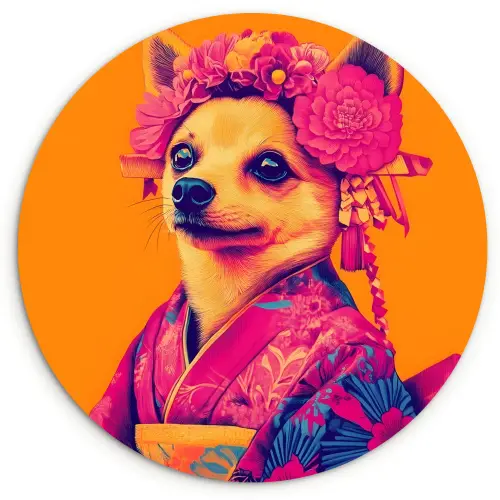 Kimono - Hondje - Bloemenkroon - Oranje Wandcirkel plexiglas klein -3d