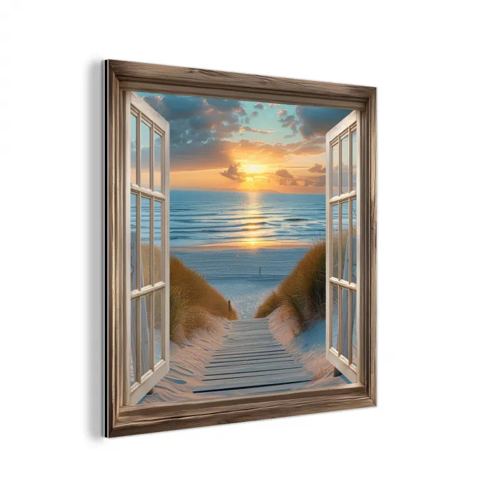 Doorkijk - Strand - Pad - Zonsondergang aluminium wit klein -3d