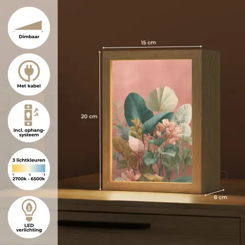 Tropische bladeren - Bloemen - Roze - groen Light Box met kabel (Tafellamp) klein -USP_NL