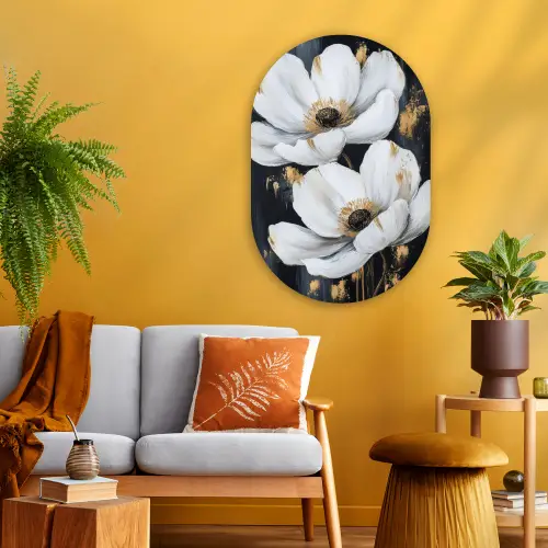 Bloemen - Wit - Abstract Wandcirkel Ovaal Glas middel -sfeer4