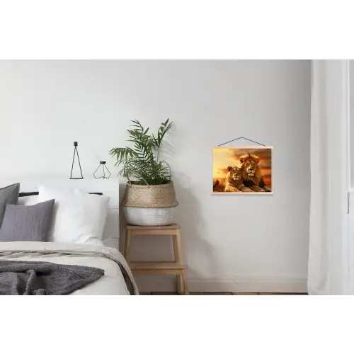Leeuwen - Zonsondergang - Afrika - Savanne - Dieren textielposter latten blank klein -woonkamer