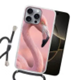 Flamingo - Portret - Roze Hoesje iPhone 16 Pro Max met koord klein -sfeer1