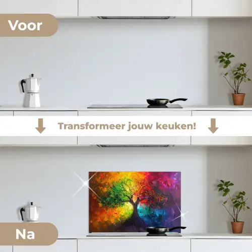 Boom - Kleurrijk - Modern - Abstract keuken achterwand spatscherm klein -voor_na_NL