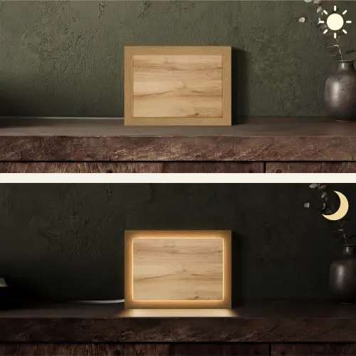 Houtlook - Bruin - Hout Light Box met kabel (Tafellamp) klein -sfeer3