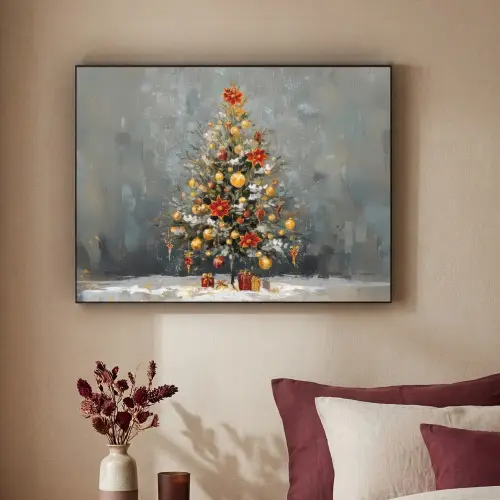 Kerstboom - Cadeaus - Rood - Goud Textielframe zwart klein -sfeer1