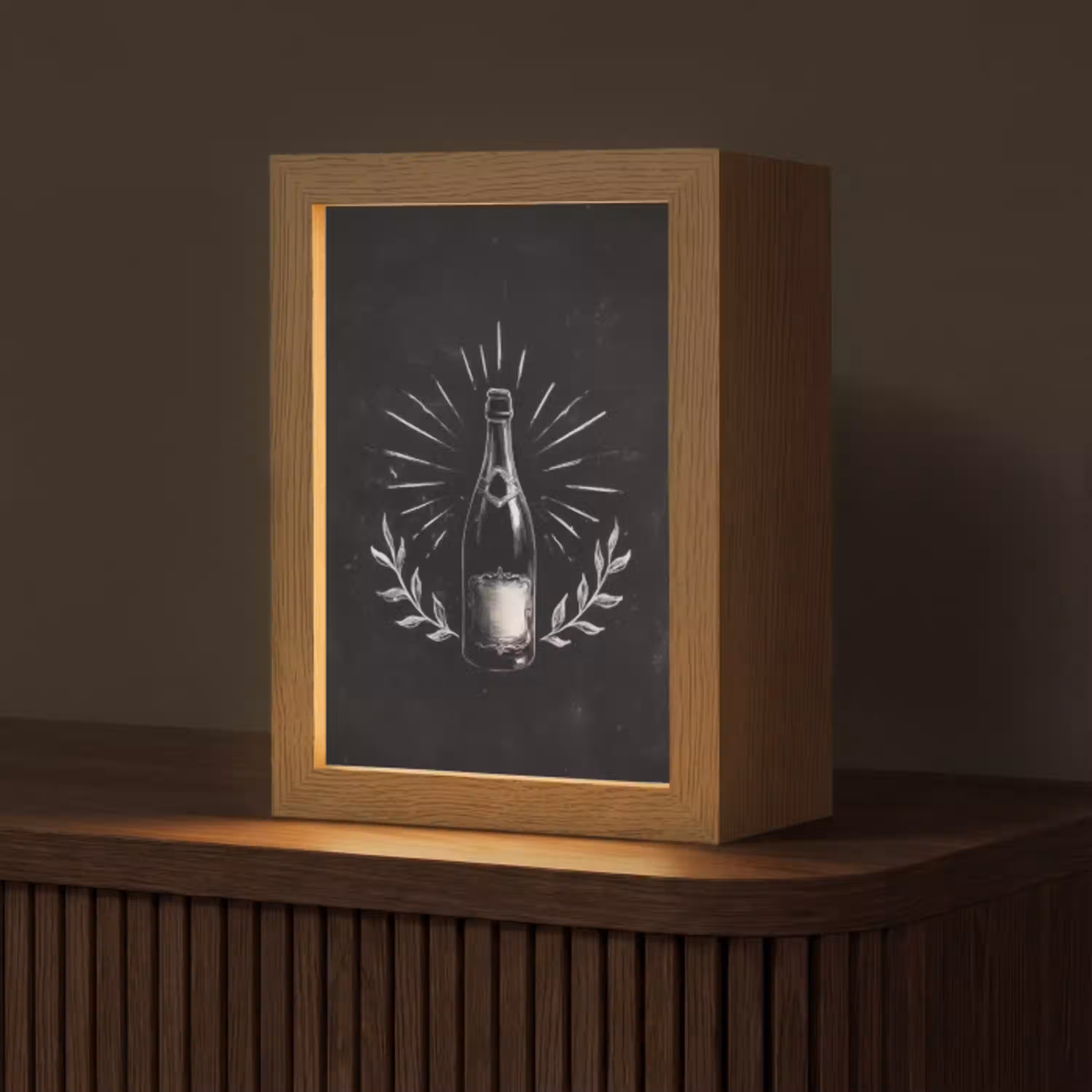 Champagnefles - Lauriertakken - Zwarte achtergrond Light Box met kabel (Tafellamp) klein -z3d_website