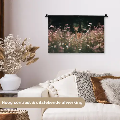 Hert - Wilde bloemen - Bos Wandkleed katoen klein -sfeer1