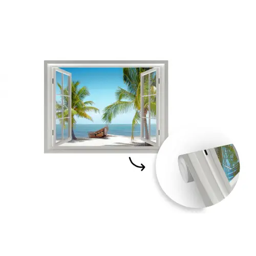 Doorkijk - Strand - Palmboom - Boot - Tropisch - Zee - Blauw fotobehang vinyl groot -3d