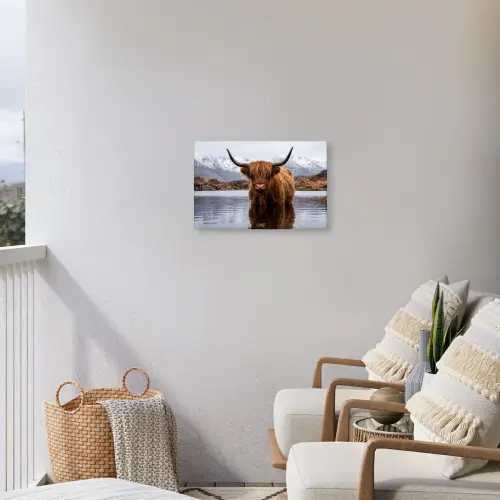 Schotse hooglander - Bruin - Water Tuinposter op houten frame 2 cm dik klein -sfeer1